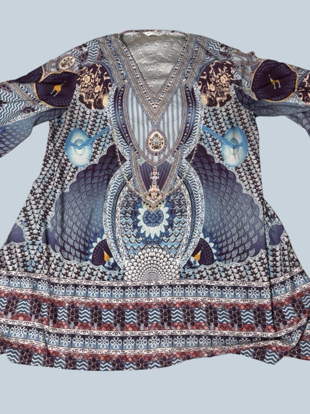 Boho Printed V-Neck Tunic Top in Navy XL - Picture 3 of 7